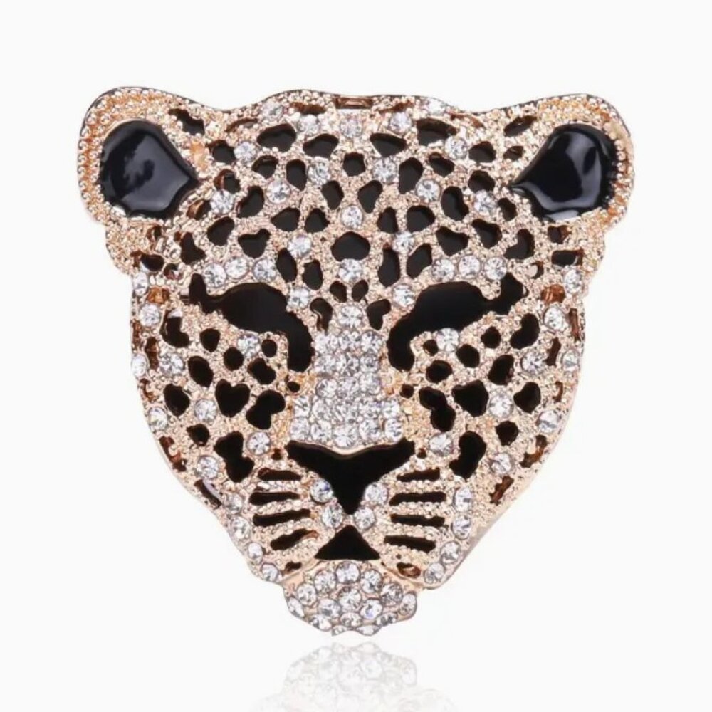 Gold Tone Leopard Head Brooch Pin With Clear Crystals & Enamel